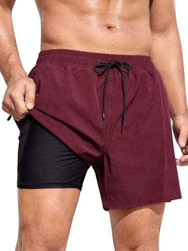 SILKWORLD Mens Swimming Trunks with Compression Liner 2 in 1 Quick-Dry Bathing Suit Swim Shorts with Zipper Pockets, Dark Red, Small - Image 1