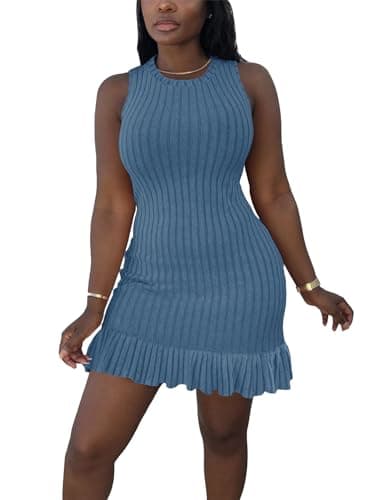 STOLKISS Women Summer Tank Dresses Sleeveless Crew Neck Basic Bodycon Mini Dress Casual Ribbed Knit with Ruffle Hem Sexy 2026 Navy Blue - Image 1