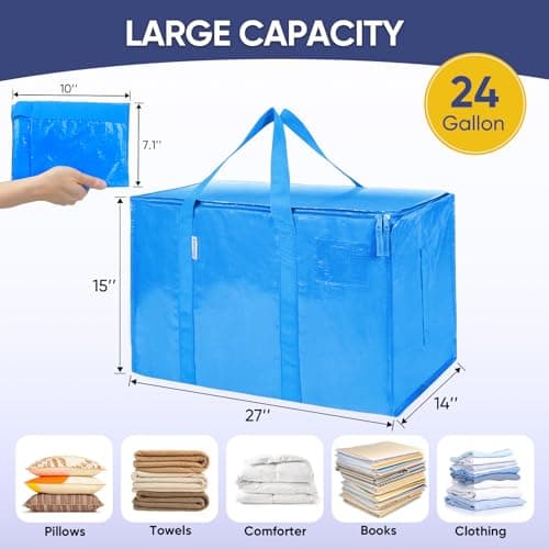 TICONN 6 Pack Extra Large Moving Bags Heavy Duty with Zippers & Carrying Handles, Durable Storage Bags Moving Boxes for Closet Organizers and Storage (6 Pack, Sky Blue) - Thumbnail 5