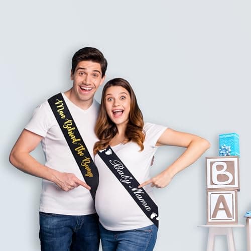 "Man Behind The Bump" Funny Baby Shower Sash for Daddy to Be, Baby Shower Party Decorations Gifts Supplies Dad to Be Baby Gender Reveal Ideas New Father Favors (Black and Gold) - Thumbnail 2