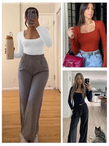 ATHMILE Women's Square Neck Long Sleeve Bodysuit Ribbed Slim Fitted Tops Dark Blue - Thumbnail 4