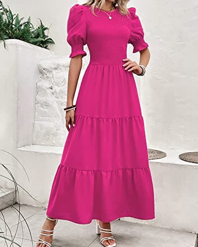 BTFBM Women Casual Summer Dresses 2025 Spring Crew Neck Ruffle Short Sleeve Floral Print Smocked Boho Flowy Maxi Dress(Solid Rose Red, Large) - Thumbnail 3