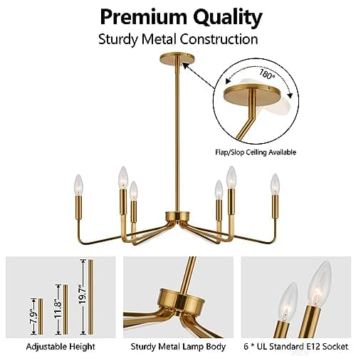ACANER Brushed Gold Chandeliers for Dining Room, 6-Light Modern Farmhouse Chandelier, Brass Candle Style Hanging Light Fixture for Living Room Bedroom Kitchen Island - Thumbnail 3