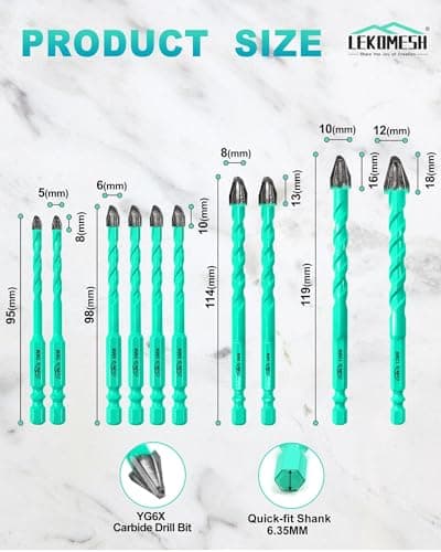 LEKOMESH 10PCS Carbide Masonry Drill Bit Set, 3/16"–1/2", 4-Cross 9-Edge Tip for No Walking & Precise Drilling, Hex Shank Multi-Material Bits for Tile, Ceramic, Brick, Concrete, Glass, Wood - Thumbnail 2