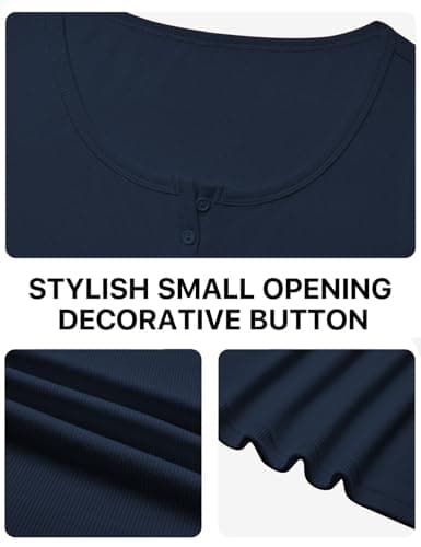 Henley Shirts for Women Ribbed Short Sleeve Tops Button Up Scoop Neck Tops Summer 2026 Casual Slim Fitted Tops Basic Blouse (Navy Blue, Large) - Thumbnail 6