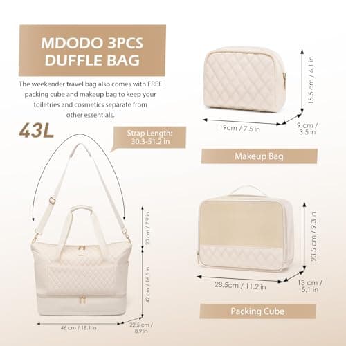 MDODO Travel Duffel Bag for Women Weekender Overnight with Wet Pocket Shoes Compartment Carry on Tote Duffle Bag for Business, Trips, Travel, Sports, Gym, Yoga, Hospital, 3 Pcs Set, 43L, Beige - Thumbnail 2