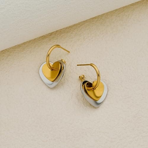 FAMARINE Gold and Silver Heart Hoop Earrings Two Tone Heart Drop Earrings for Women Valentines Earrings Gift - Thumbnail 6
