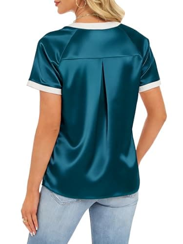 Funlingo Summer Tops for Women Silk Satin Short Sleeve Blouses Blue Green V Neck Color Block T Shirts Business Casual Outfits 2XL - Thumbnail 5