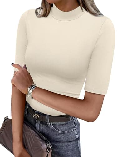 ANRABESS Women Tops Mock Neck 1/2 Short Sleeve Slim Fit Basic Tee Shirts Dressy Work Business 2026 Summer Fall Casual Outfits Apricot Medium - Image 1