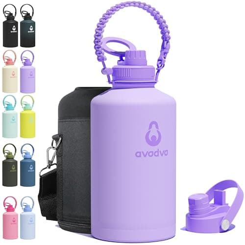 avodvo 1 Gallon Water Bottle with 2 Lids (2-in-1 Straw & Spout Lid, Magnetic Lid), Insulated Water Bottle with Strap, Stainless Steel Water Bottle for Hiking, Gym, Travel, BPA-Free, Purple - Image 1