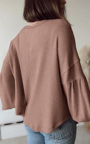 BTFBM Womens Fall Fashion 2026 Long Sleeve Shirts Casual V Neck Ribbed Knit Blouses Pullover Trendy Loose Fit Tunic Tops(Solid Khaki, Medium) - Thumbnail 3