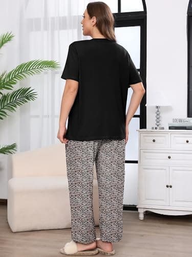 AusLook Plus Women Pajamas Set 2 Piece Lounge Sets Short Sleeve Top and Full Length Pant Chest Pocket Matching Maternity Christmas Print Fancy Peachy Leopard 4X Pjs Loungewear Sleepwear - Thumbnail 6