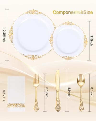 Ciaell 300PCS White and Gold Plastic Plates - Gold Disposable Dinnerware Sets for 50 Guests - 100 Plates, 50 Knives, 50 Forks, 50 Spoons, and 50 Napkins for Wedding, Anniversary, Party - Thumbnail 2