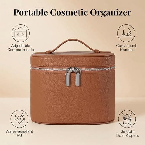 IEMIEBOAMGNOY Leather Make Up Bags With Compartments, Brown travel Cosmetic Bags for Women, Parallel Makeup Travel Bags Organizer Equipped With a Detachable Divider - Thumbnail 2