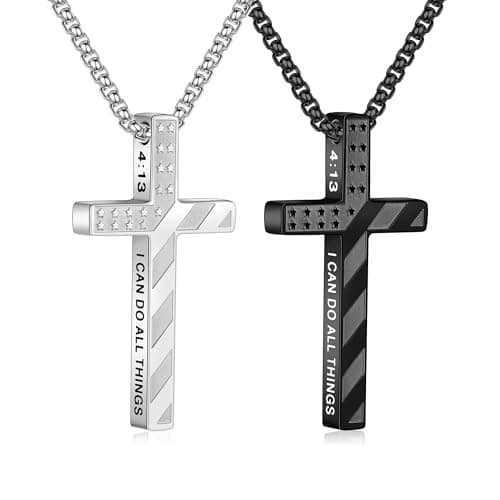 M MOOHAM Cross Necklace for Men - Silver Black Stainless Steel Bible Verse Cross Chain Pendant Necklaces for Men American Flag Religious Christian First Communion Jewelry Gifts 22 Inches - Image 1