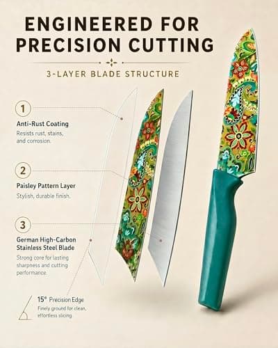 Astercook Paisley Pattern Knife Set with Cover, Dishwasher Safe Colorful Knives with 6 Knife Sheath, German Stainless Steel Rainbow Knife Set - Thumbnail 4