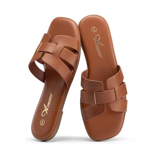 Athlefit Brown Sandals Women Dressy Summer Flat Sandals Square Open Toe Slip On Leather Slide Sandals Size 9 - Image 1