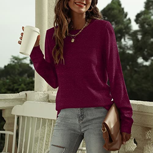 DUTUT Women's Long Sleeve Glitter Tops Crewneck Pullover Sweater Basic Casual Solid Color Tunic Tops Fall Soft Sweater Fuchsia - Thumbnail 2