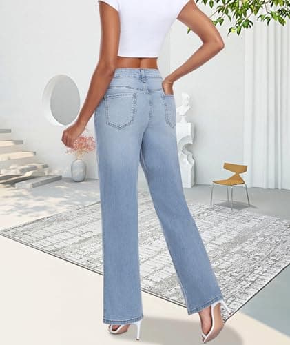 MARIASHA Jeans for Women New Flared Leg Stretch High Wasited Printed Pocket Pants Light Blue S - Thumbnail 5