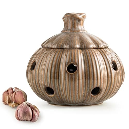 Ceramic Garlic Keeper with Lid and Holes Garlic Saver and Storage Framhouse Decor Keep Gralic Cloves Dry and Fresh, Grey - Image 1