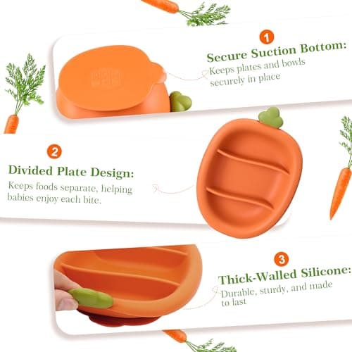 COZY ROCK Silicone Baby Feeding Set, Carrot Design BLW Toddler Feeding Set with Suction Plate & Bowl, Bib, Fork & Spoon, 2-in-1 Straw and Snack Cup, BPA-Free Baby Tableware for Starting Solids - Thumbnail 4