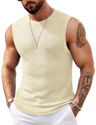 COOFANDY Mens Muscle Tank Tops Knitted Casual Tank Shirts Sleeveless Vacation Shirts Cream - Image 1
