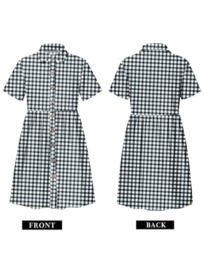Girl's Summer Short Sleeve Loose Babydoll Dress Casual Kids Button Down Mini Sundresses with Pockets 2026 Black White Plaid 11-12 - Thumbnail 4