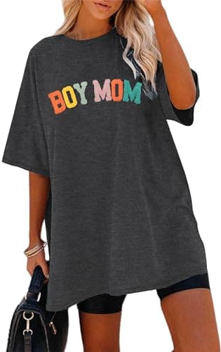 Oversized Mama Tshirt Women Boy Mom Shirt Mom Lift T-Shirt Gift for Mom Glitter Patch Shirt Causal Crew Neck Tops Dark Grey - Thumbnail 2