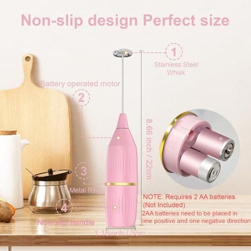 Handheld Milk Frother Wand, Pink | For Coffee, For Matcha, For Latte & Cappuccino, For Hot Chocolate & Egg - Thumbnail 2