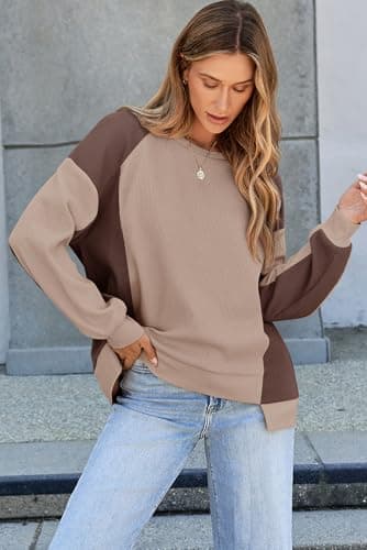 Dokotoo Women's Fashion Sweatshirts Oversized Sweatshirt for Women Waffle Knit Color Block Crewneck Long Sleeve Casual Cute Pullover Tops Comfy Fall Fashion Outfits Clothes 2024 Brown Small - Thumbnail 3