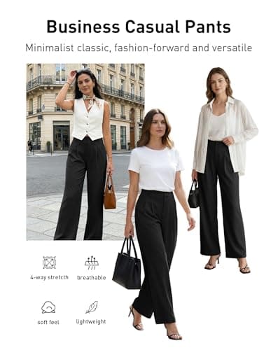 SEAJOJO Womens Wide Leg Casual Pants High Waisted Business Pleated Trousers with Pockets Work Palazzo Dressy Slacks Black - Thumbnail 6