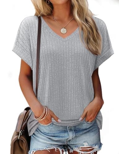 JUSTFASHIONNOW Summer Tops for Women Short Sleeve V Neck Shirts Side Split Oversized Basic Tees Loose Fit Dressy Casual Outfits Grey XL - Image 1