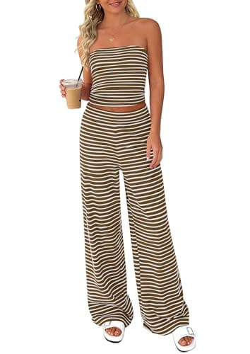 PRETTYGARDEN Two Piece Striped Sets for Women Summer Travel Outfits 2026 Spring Y2K Going Out Vacation Clothes Loungewear (Brown White,Small) - Image 1
