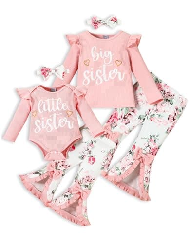 FAMIHAO Big Sister Little Sister Matching Outfits Rib Knit Ruffle Long Sleeve Romper Bell Bottoms Pant Sets Headband Newborn Baby Girl Clothes 3Pcs,3-6M Pink - Image 1