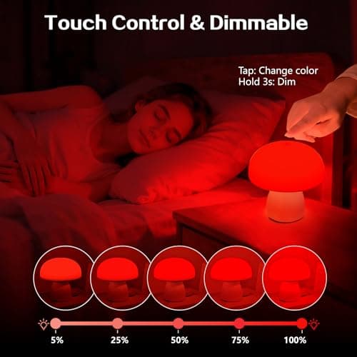 PowerTalk 670nm Red Light Lamp for Bedroom Sleep, Dimmable Mushroom Red Night Light with Timer, Remote & Touch Control for Baby Kids Adults - Portable and Rechargeable[2026 Upgrated Red Light Therapy] - Thumbnail 4