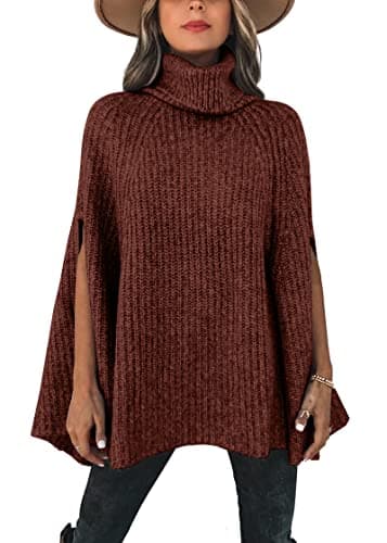 KIRUNDO Women's 2026 Fall Winter Turtleneck Poncho Sweater Fashion Chunky Knit Cape Wrap Sweaters Pullover Jumper Tops(Red Brown, Medium) - Image 1