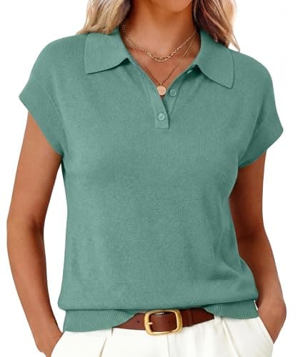 Arach&Cloz Summer Vest Tops Dressy Casual Women's Sweaters Wool Blend Polo Shirts Collar Smart Casual Work Cashmere Spring Fashion Capsule Wardrobe Sage Green XXL - Image 1