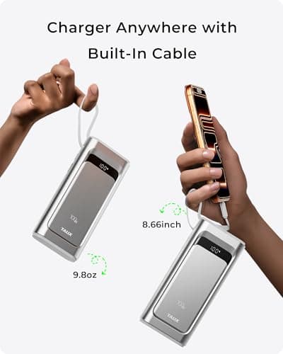 TALIX 10000mAh Portable Charger, 3-Port USB-C Power Bank, 100W Max Fast Charging Battery Pack with Built-in Cables for iPhone 17/16/15 Pro Max,iPad,Samsung Galaxy,Phone, TSA Approved Travel, Silver - Thumbnail 3