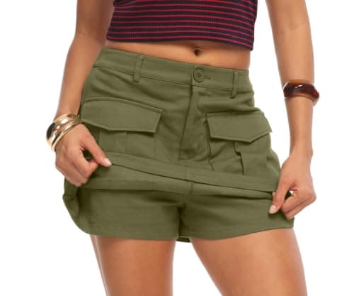 HiMONE Womens Casual Cargo Skort Mini Skirt with Built in Shorts High Waist Utility Street Style Skort(Army Green-M)