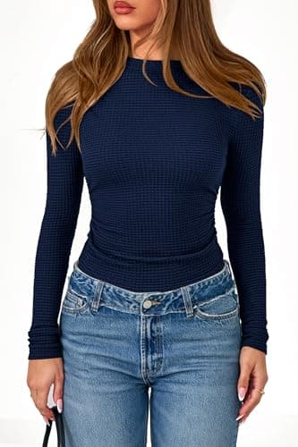 PRETTYGARDEN Womens Tops 2026 Spring Long Sleeve Fitted T Shirts Waffle Ruched Crop Shirt Basic Knit Workout Y2k Clothes(Navy Blue,X-Small) - Thumbnail 4