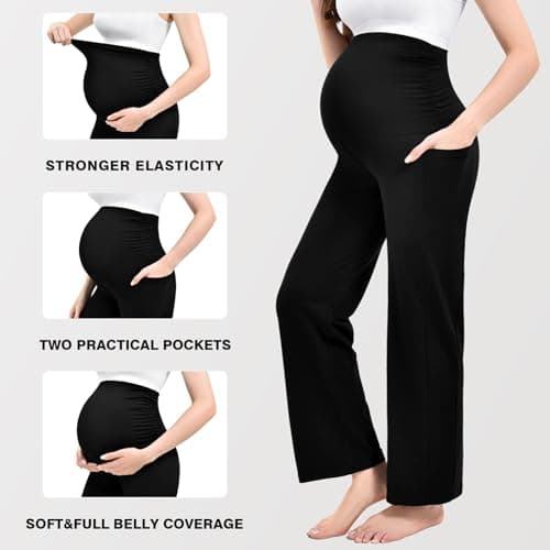 Ipletix Maternity Wide-Leg Lounge Pants with Pockets Over The Belly Soft Stretchy Pregnancy Wear Black M - Thumbnail 5