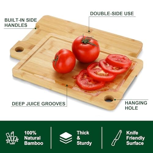 Bamboo Cutting Board Set of 3 - Durable Bamboo Cutting Boards with Deep Juice Grooves & Built-in Handles & Hanging Holes, Reversible Wooden Cutting Boards for Kitchen, Meat, Vegetables - Thumbnail 3