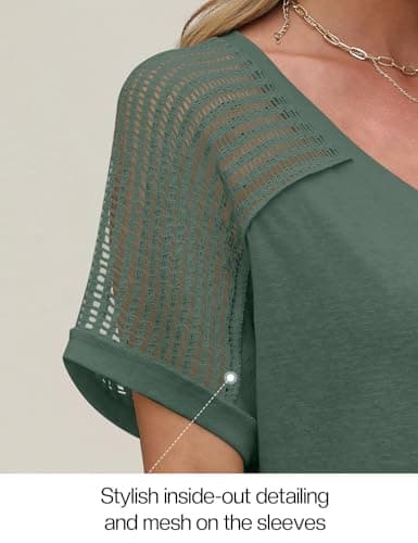 JUSTFASHIONNOW Women's Summer Tops Casual Short Sleeve V Neck Shirts Trendy 2025 Cute Ladies Blouses Business Outfits Green M - Thumbnail 4