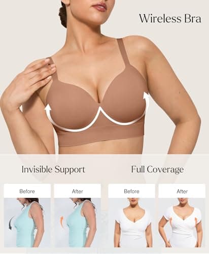 Popilush Womens Push Up Bra Wireless Seamless No Underwire Bras Comfortable Supportive Tshirt Bralettes Coffee - Thumbnail 3