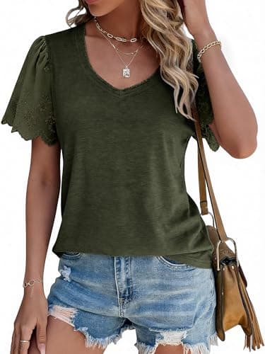 Chulianyouhuo Women's Short Sleeve Shirts Dressy Casual V Neck Lace Eyelet Tops Summer Vacation Blouse(Amy Green L) - Image 1