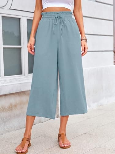 KORSIS Women Capri Pants Wide Leg High Waisted Casual Spring Dressy Palazzo Vacation Beach Tie Belt Trousers with Pockets Blue Gray Large - Thumbnail 2