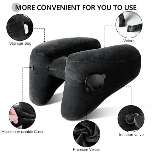 Neck Pillow for Travel Inflatable Airplane Pillow Comfortably Supports Head,Neck and Chin,Inflatable Travel Pillow with Soft Velour Cover,Hat,Portable Drawstring Bag (Black) - Thumbnail 3