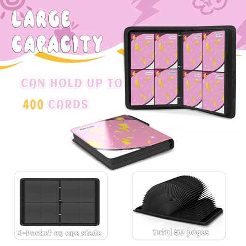 Trading Card Binder 4 Pocket,Card Binder 400 Pockets,Card Book Holder Cards with 50 Removable Sleeves,3-Ring Zip Design MTG/TCG/Sport Collectible Trading Card Albums Gifts for Boys and Girls (Pink) - Thumbnail 4