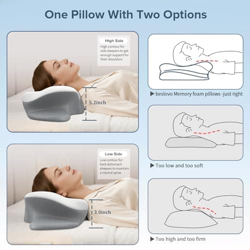 beslovo Cervical Neck Pillow for Pain Relief, Ergonomic Side Sleeper Pillow, Orthopedic Neck Support Contour Memory Foam Pillow for Side Back Stomach Sleepers, Ideal for Office Travel (Grey&White) - Thumbnail 5