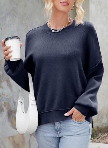 Dokotoo Sweaters for Women Trendy Crew Neck Solid Patchwork Casual Loose Teacher Fall Outfits Knitted Tops Cute Pull Over Long Sleeve Crop Pullover Sweater Navy Blue Medium - Thumbnail 4
